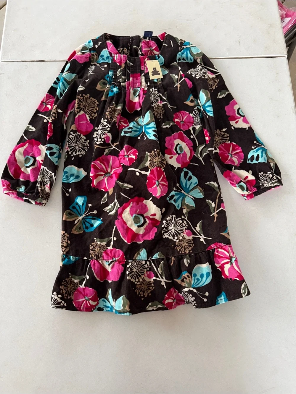 NWT BabyGAP Brown Dress with Pink Floral & Aqua Butterfly Print